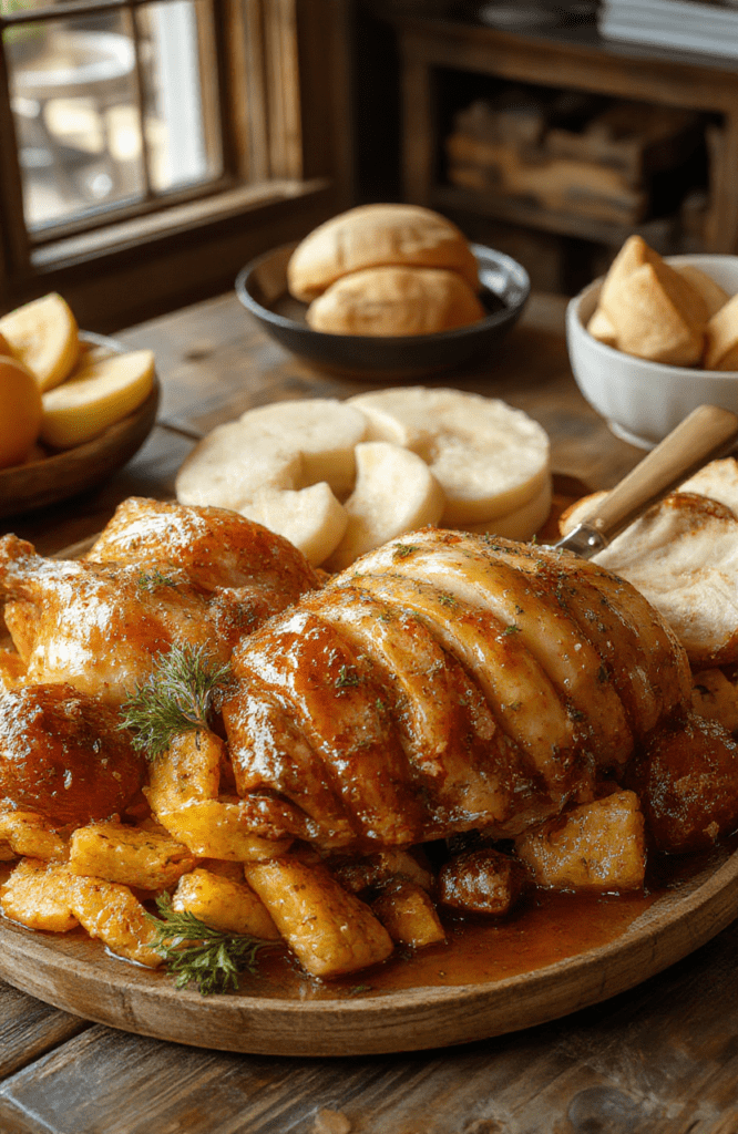 A vibrant table setting featuring a golden roasted turkey topped with fresh herbs, surrounded by classic Southern sides like sweet potato casserole, collard greens, cornbread, and cranberry sauce. The dishes are beautifully arranged on rustic wooden platters, with warm ambient lighting highlighting the rich textures and colorful ingredients, creating an inviting holiday ambiance.