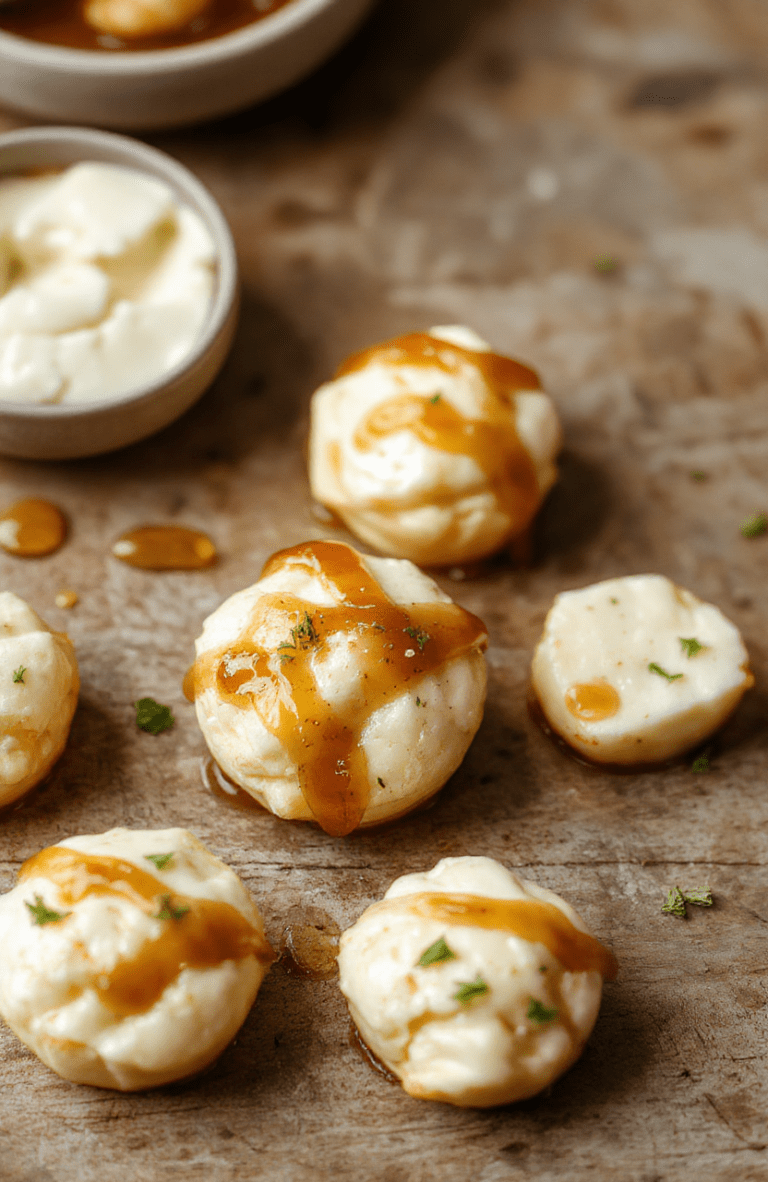 A close-up of elegant goat cheese honey bites arranged on a white ceramic plate, featuring creamy goat cheese balls drizzled with golden honey and sprinkled with chopped nuts, styled with fresh herbs and small decorative edible flowers for a sophisticated presentation.