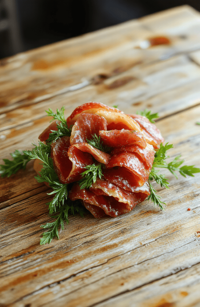 Colorful edible meat flowers arranged delicately on a sleek white platter, featuring thinly sliced cured meats shaped into floral designs with garnishes of herbs and edible flowers, set against a rustic wooden table with soft natural lighting highlighting textures and vibrant colors.
