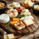 A beautifully arranged cheese board featuring an assortment of artisanal cheeses, fresh fruits, nuts, and crackers on a rustic wooden table. The cheeses are colorful with textures ranging from creamy brie to firm cheddar, complemented by vibrant grapes, dried apricots, and assorted nuts. Elegant cheese knives and small bowls of honey and jams add finishing touches. Soft natural lighting highlights the textures and colors, styled for an inviting and sophisticated presentation.