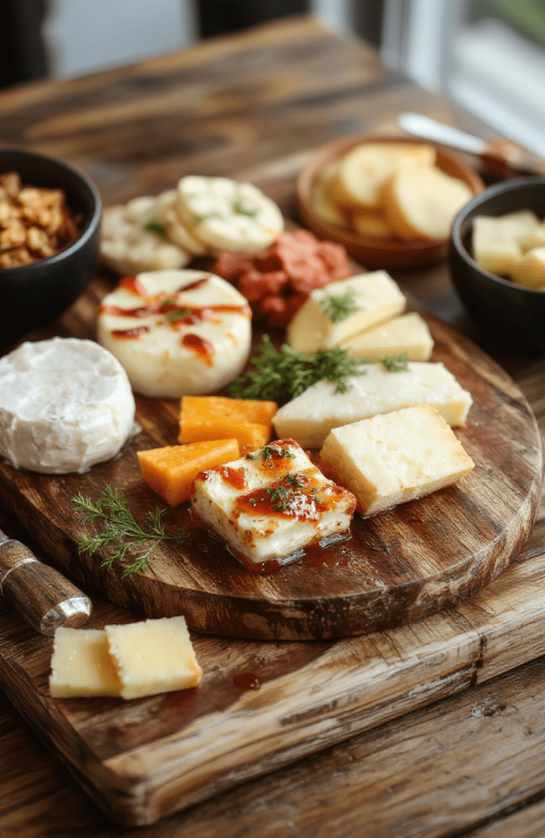 A beautifully arranged cheese board featuring an assortment of artisanal cheeses, fresh fruits, nuts, and crackers on a rustic wooden table. The cheeses are colorful with textures ranging from creamy brie to firm cheddar, complemented by vibrant grapes, dried apricots, and assorted nuts. Elegant cheese knives and small bowls of honey and jams add finishing touches. Soft natural lighting highlights the textures and colors, styled for an inviting and sophisticated presentation.