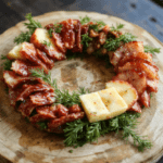 A vibrant festive charcuterie wreath arranged on a rustic wooden platter, featuring colorful cheeses, cured meats, fresh herbs, and decorative elements, with a holiday-themed table setting.