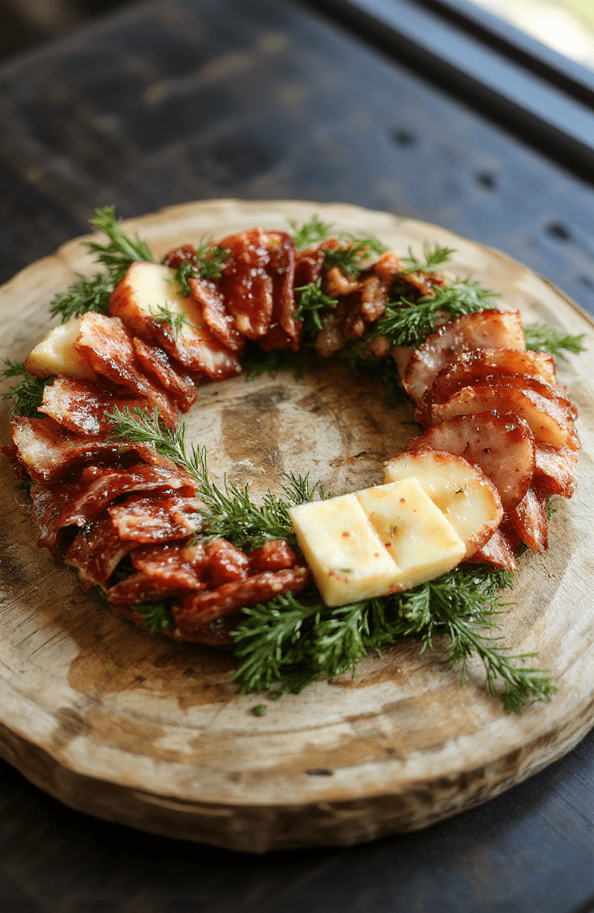 A vibrant festive charcuterie wreath arranged on a rustic wooden platter, featuring colorful cheeses, cured meats, fresh herbs, and decorative elements, with a holiday-themed table setting.