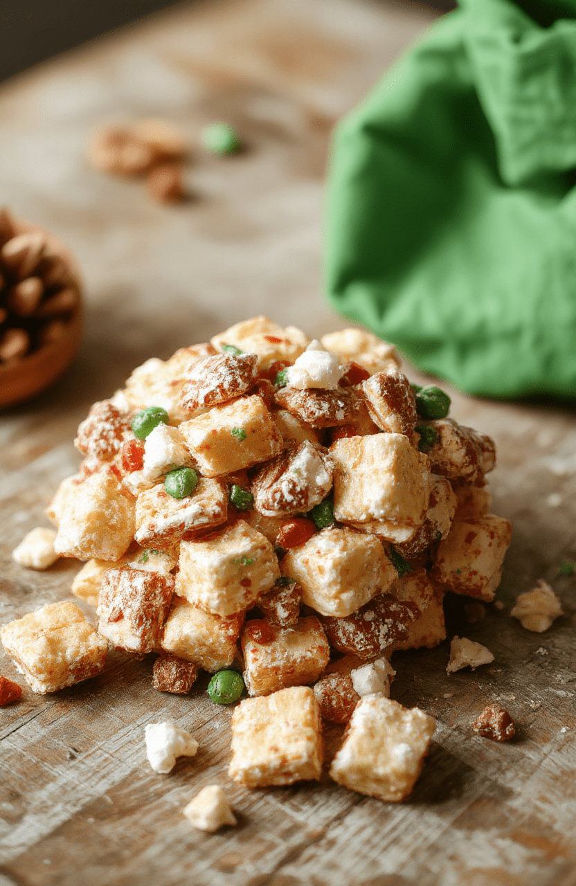 A vibrant bowl of Christmas puppy chow on a rustic wooden table, coated with colorful red and green sprinkles, with mini pretzels and chocolate pieces scattered around, styled with holiday-themed decor for a cheerful and festive presentation.
