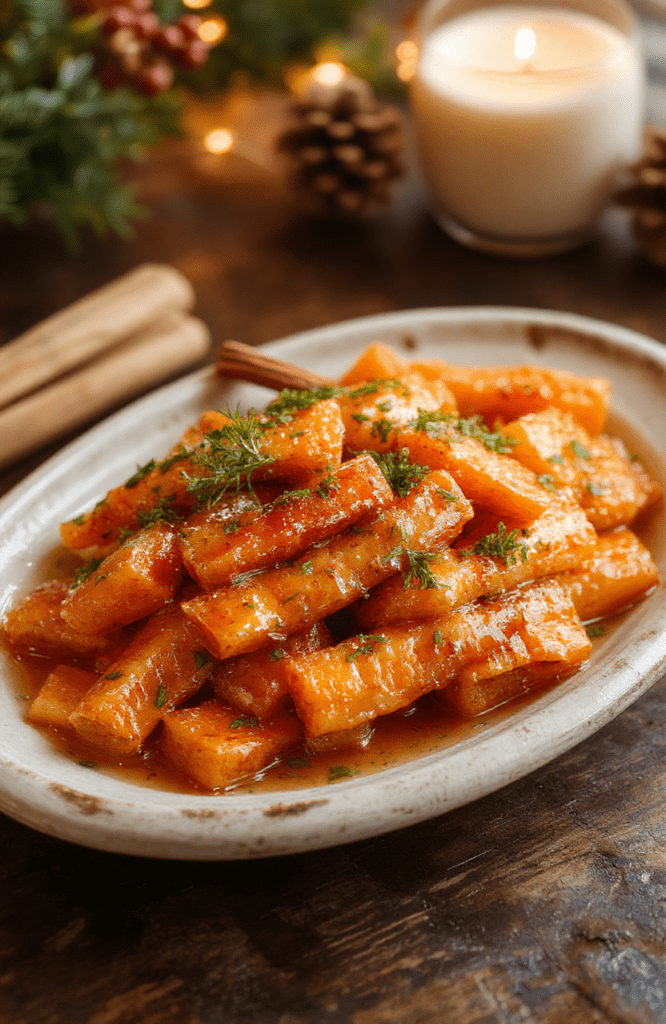 Vibrant orange glazed carrots arranged on a rustic white plate with sprigs of fresh thyme and a drizzle of glossy honey glaze, surrounded by cinnamon sticks and whole cloves, styled with a festive holiday background in warm lighting.