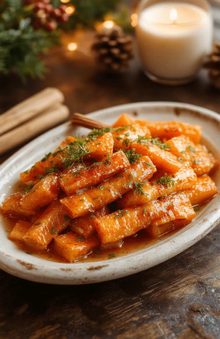Vibrant orange glazed carrots arranged on a rustic white plate with sprigs of fresh thyme and a drizzle of glossy honey glaze, surrounded by cinnamon sticks and whole cloves, styled with a festive holiday background in warm lighting.