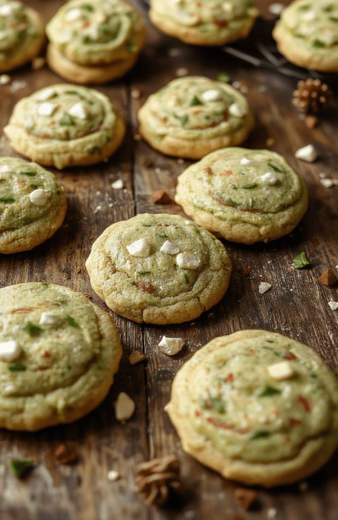 Colorful festive Grinch cookies arranged on a holiday-themed plate, featuring bright green icing with red and white accents, sprinkled with sugar, and decorated with cute Grinch faces, set on a rustic wooden table with Christmas decorations in the background.