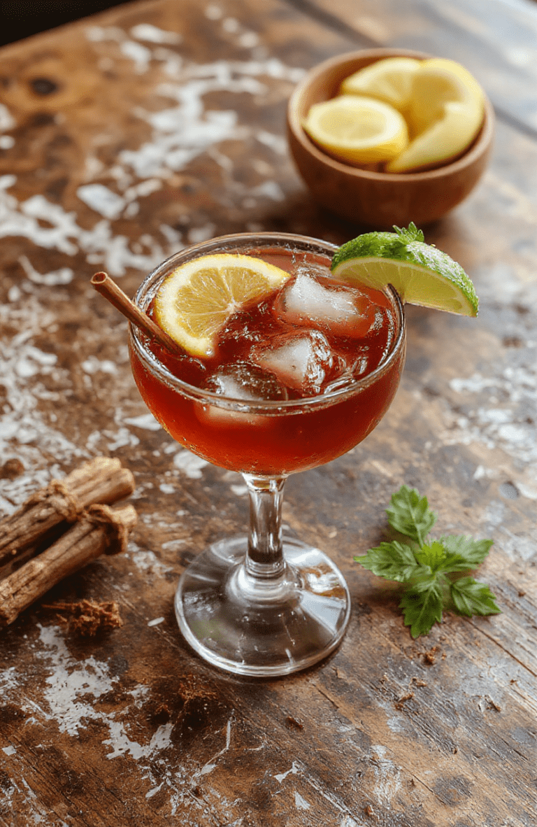 A vibrant festive spiced margarita glass garnished with a cinnamon stick and orange slice, surrounded by sugar-rimmed glass, colorful holiday lights in the blurred background, textured surface, and fresh spices adding to the warm holiday ambiance.