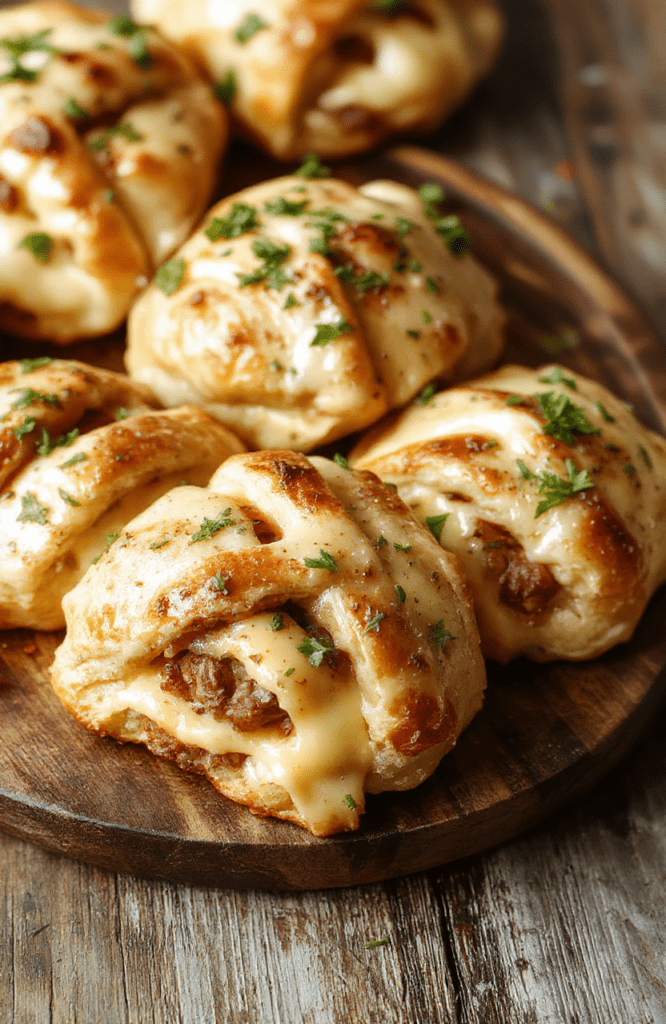 Golden flaky baked beef and cheese croissants arranged on a rustic wood platter, showcasing layers of buttery puff pastry filled with savory seasoned beef and melted cheese, with a hint of parsley garnish, styled for a cozy brunch setting