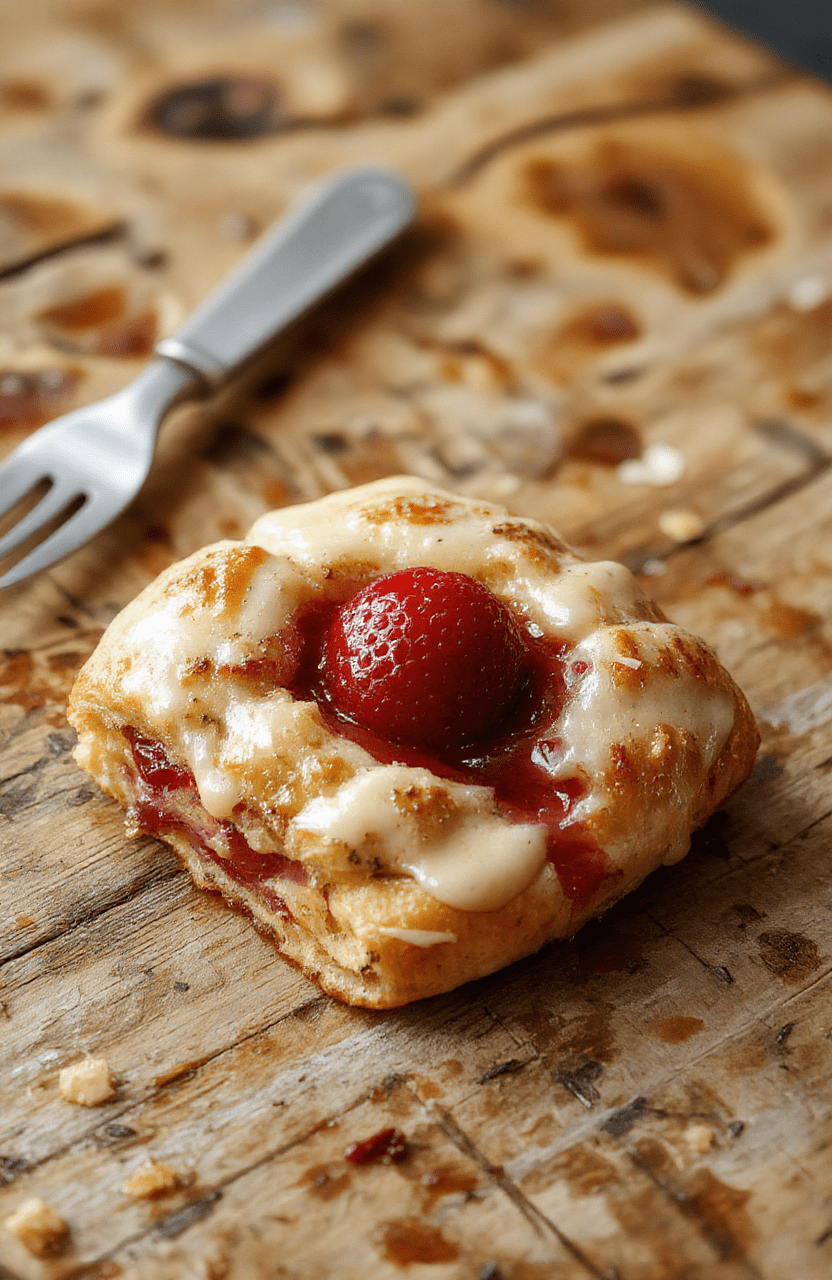A beautifully arranged flaky strawberry Danish pastry with golden-brown, crispy layers topped with fresh, vibrant red strawberries and a dusting of powdered sugar, styled on a rustic wooden plate with soft natural lighting highlighting the textures and colors.