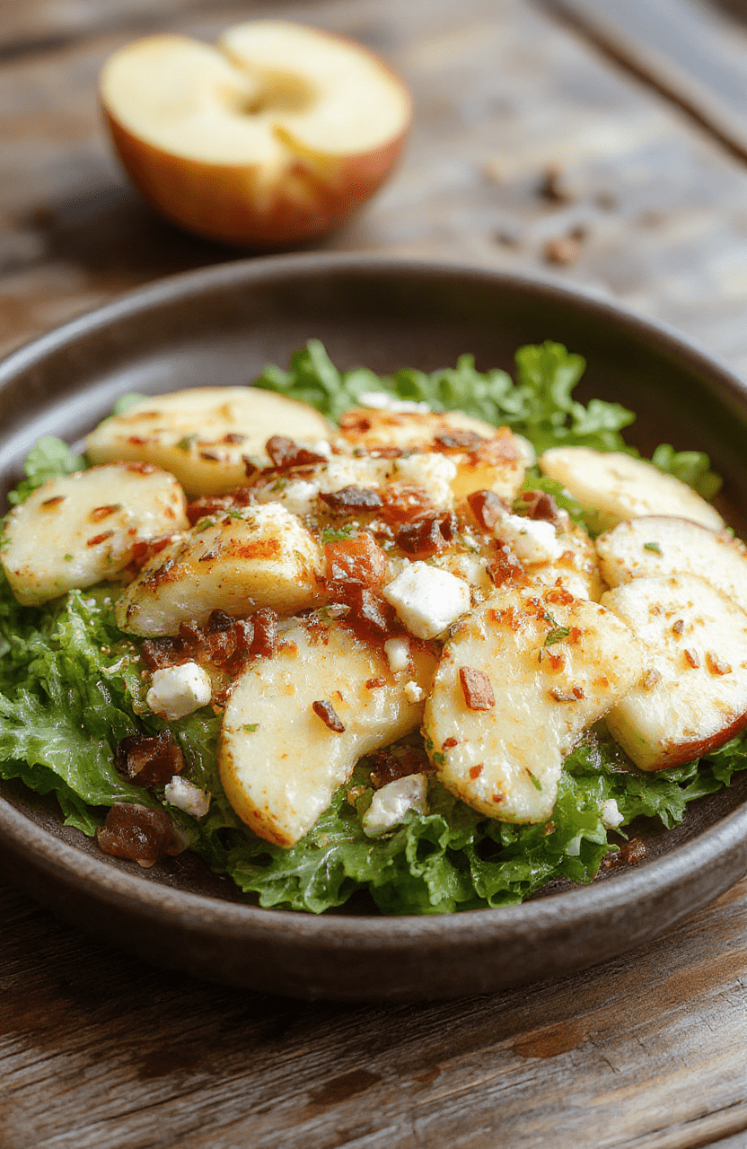 A vibrant bowl of apple feta salad showcasing crisp apple slices, crumbled feta cheese, mixed greens, and walnuts, all arranged on a rustic wooden plate with a light vinaigrette drizzle, colorful fall-themed backdrop.
