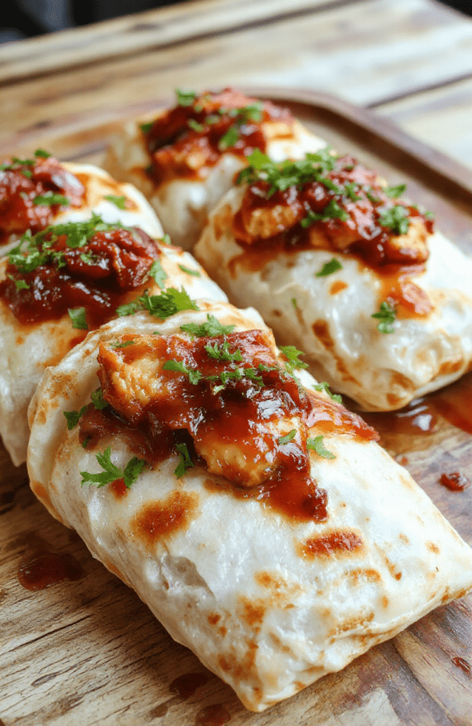 Colorful BBQ chicken wraps neatly arranged on a rustic wooden plate, showcasing tender grilled chicken, vibrant vegetables, and melted cheese, wrapped in soft tortillas, styled with fresh herbs and a drizzle of barbecue sauce for a tempting presentation.