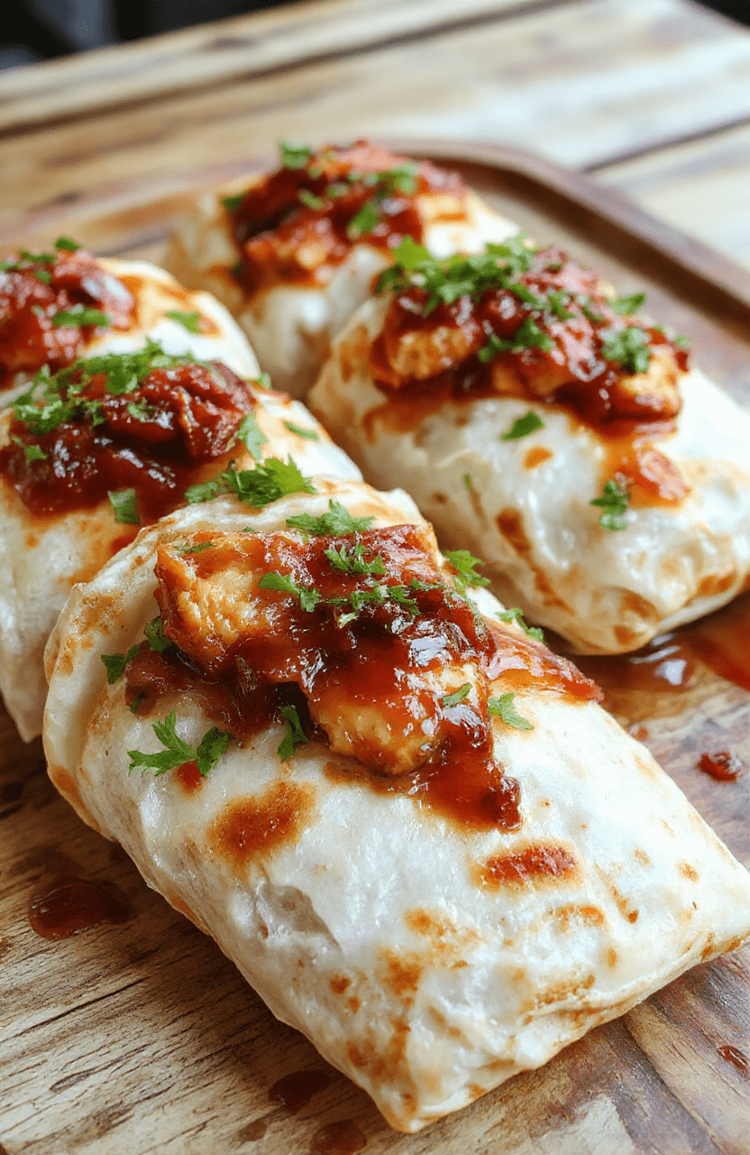 Colorful BBQ chicken wraps neatly arranged on a rustic wooden plate, showcasing tender grilled chicken, vibrant vegetables, and melted cheese, wrapped in soft tortillas, styled with fresh herbs and a drizzle of barbecue sauce for a tempting presentation.