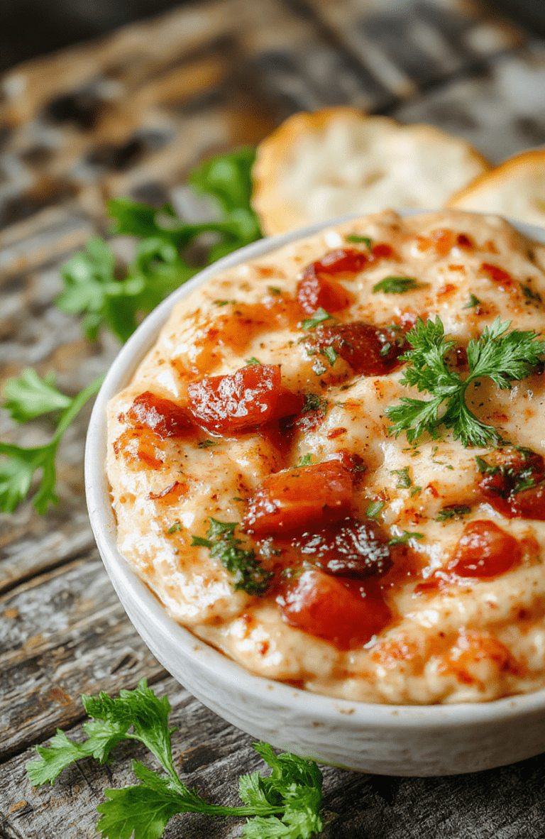 A vibrant, colorful bowl of bruschetta dip garnished with fresh basil and cherry tomatoes, served on a rustic wooden platter with toasted baguette slices beside it, textured and inviting, with visible chopped tomatoes, garlic, and herbs, styled casually for a warm, appetizing presentation.