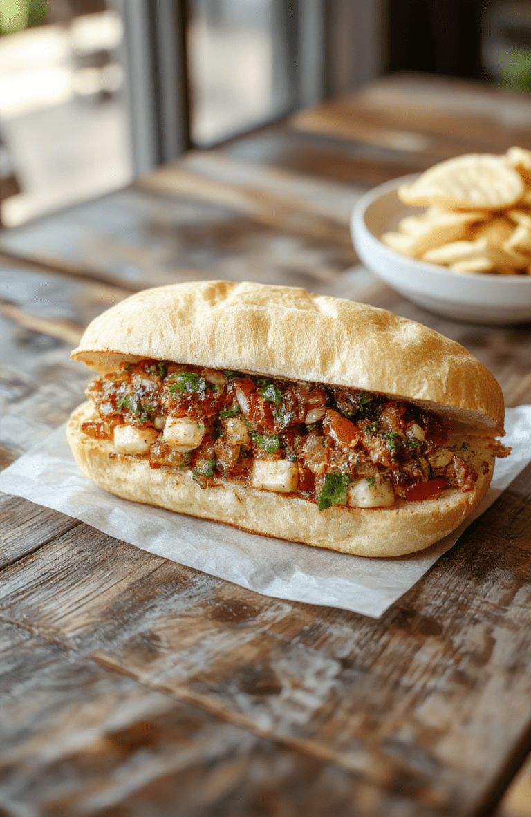 A vibrant chopped sub sandwich on a white plate with fresh lettuce, ripe tomatoes, and thinly sliced deli meats, all topped with melted cheese and served with a side of crispy chips. The colorful ingredients are visually appealing, with the crusty bread providing a rustic texture, and the fresh toppings adding a pop of color and freshness.