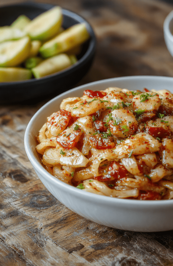 Colorful japchae noodles plated elegantly with vibrant vegetables like bell peppers, carrots, and spinach, garnished with sesame seeds and green onions, on a rustic wooden table with natural lighting.