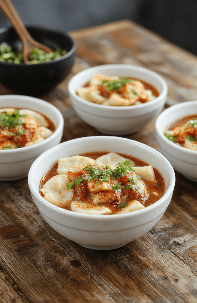 Colorful potsticker noodle bowls featuring crispy golden potstickers arranged on a vibrant bed of stir-fried noodles, garnished with fresh scallions and sesame seeds, styled on a white ceramic plate with a natural wooden background, textures of crisp dumplings and tender noodles highlighted.