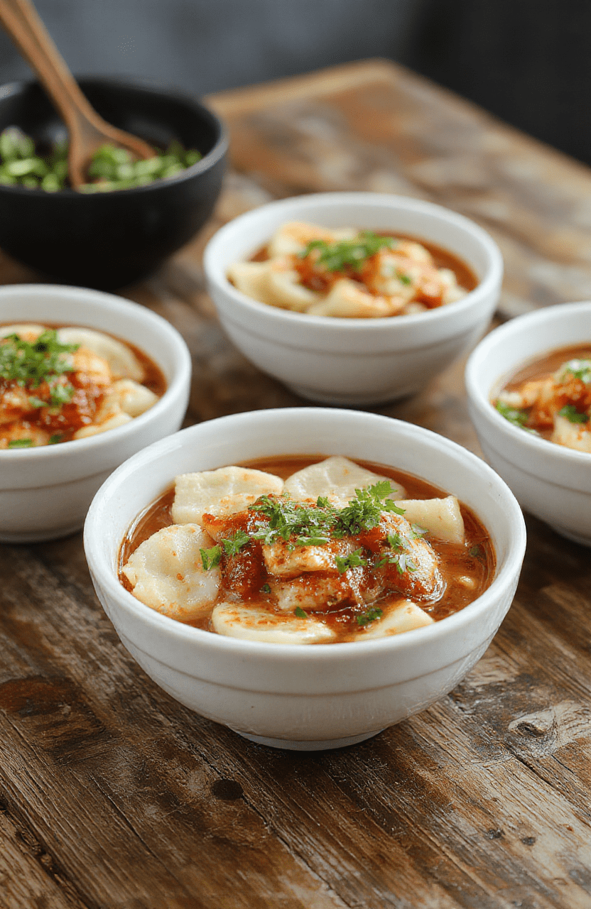 Colorful potsticker noodle bowls featuring crispy golden potstickers arranged on a vibrant bed of stir-fried noodles, garnished with fresh scallions and sesame seeds, styled on a white ceramic plate with a natural wooden background, textures of crisp dumplings and tender noodles highlighted.