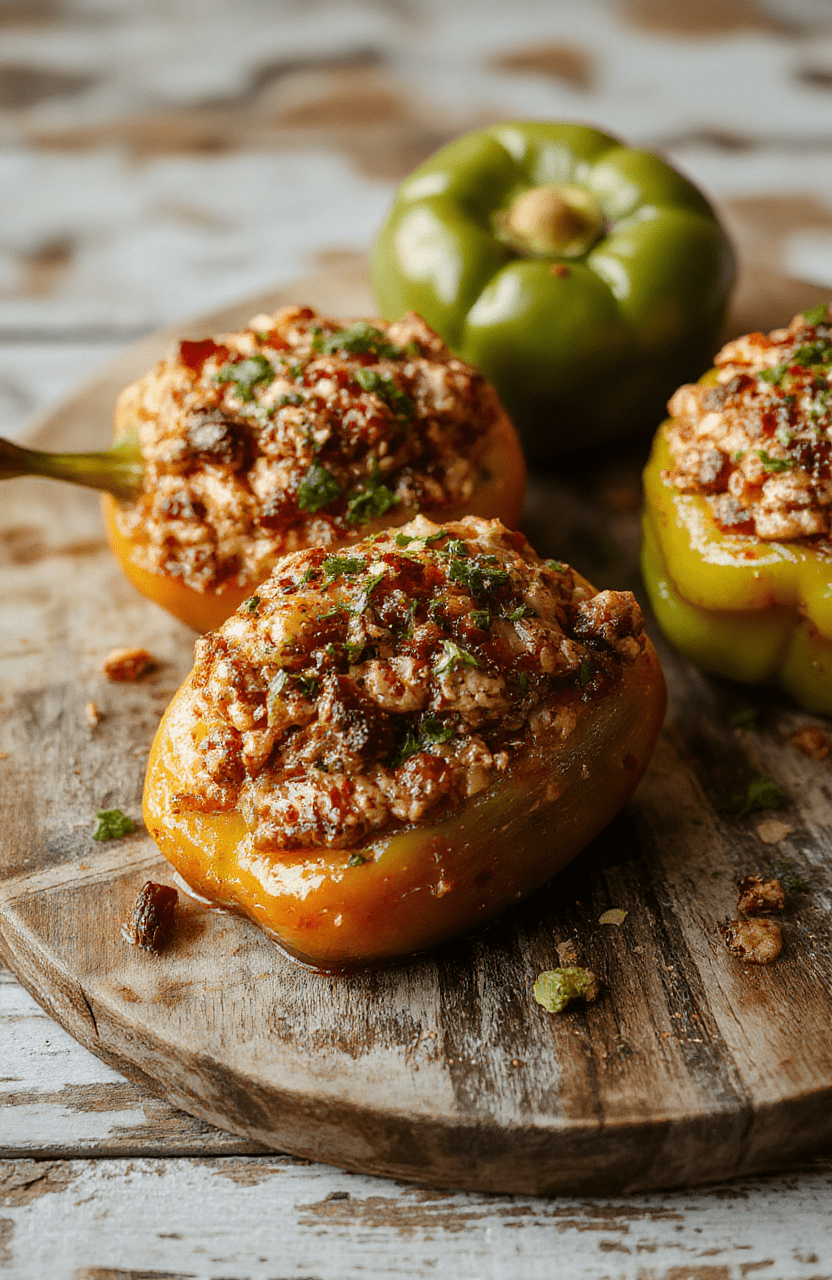 A vibrant plate of stuffed bell peppers filled with seasoned rice, vegetables, and melted cheese, arranged on a rustic wooden table with colorful bell peppers and fresh herbs around.