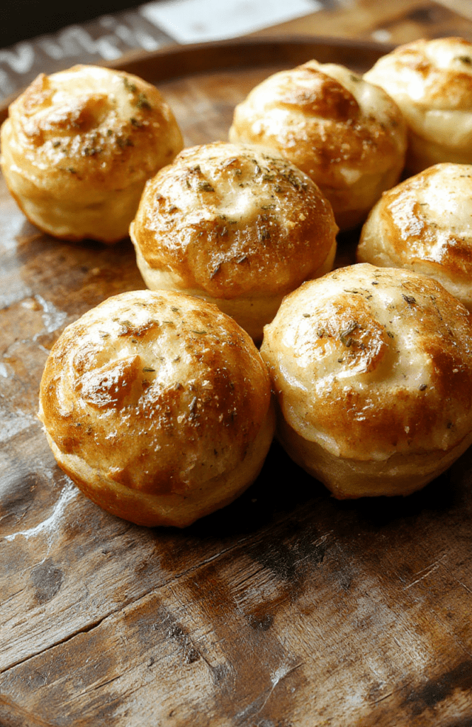 A pair of golden, fluffy garlic rolls placed on a rustic wooden board, garnished with fresh parsley, highlighting the soft texture and buttery crust with visible garlic pieces, styled for a cozy and inviting presentation.