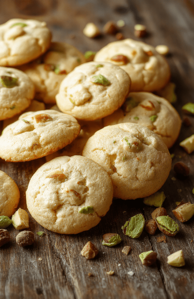 A plate of fluffy green pistachio cookies garnished with crushed pistachios on a rustic wooden table with soft natural lighting, showcasing their delicate textures and spring-inspired colors, styled simply with a few whole pistachios around for decoration.