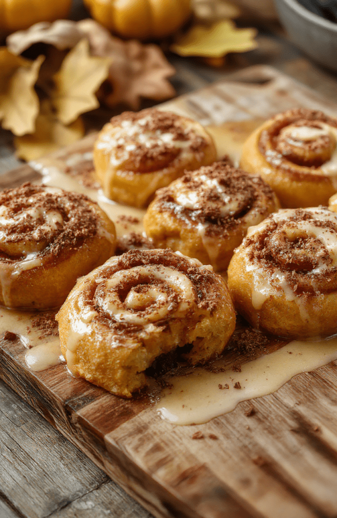 A beautifully glazed fluffy pumpkin roll placed on a rustic wooden platter, topped with a sprinkle of cinnamon and powdered sugar. The roll reveals soft, airy layers with a vibrant orange pumpkin swirl inside, complemented by a cozy fall background with autumn leaves and a warm-toned cloth.