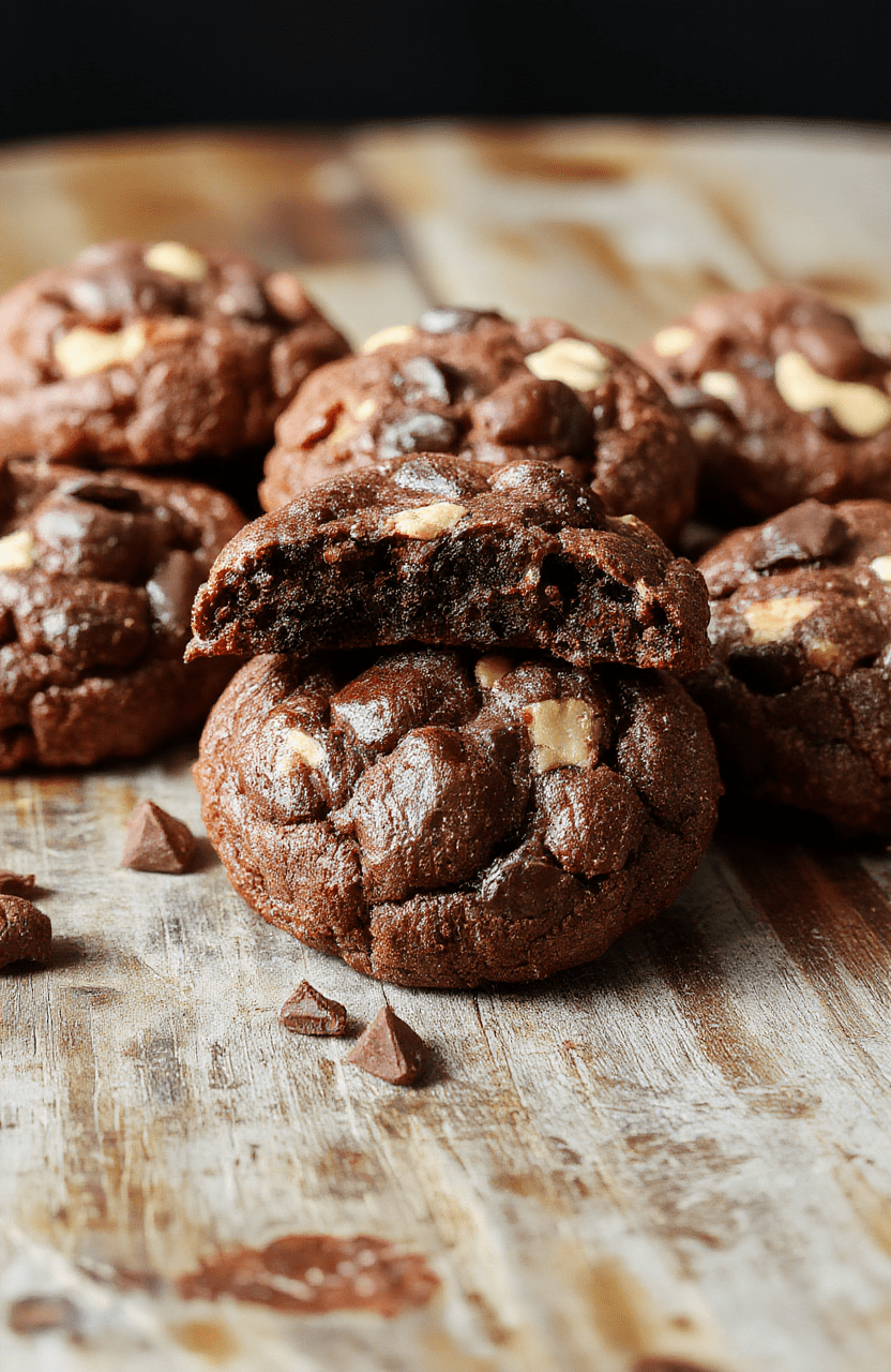 A close-up of fudgy chewy brownie cookies arranged on a rustic wooden platter, showcasing their rich chocolate color, slightly cracked tops, and dense, moist texture with a glossy surface, styled with a few crumbs scattered around for a cozy, inviting look.