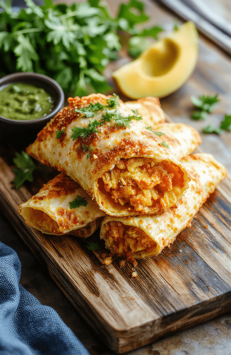 A vibrant plate of golden-brown crispy taquitos arranged neatly on a rustic wooden serving board, garnished with fresh cilantro and accompanied by slices of lime, with a drizzle of creamy dipping sauce on the side. The taquitos have a crunchy exterior with visible crispy texture, and the filling looks savory and tender, inviting for a flavorful bite.