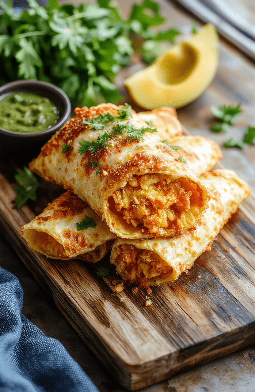 A vibrant plate of golden-brown crispy taquitos arranged neatly on a rustic wooden serving board, garnished with fresh cilantro and accompanied by slices of lime, with a drizzle of creamy dipping sauce on the side. The taquitos have a crunchy exterior with visible crispy texture, and the filling looks savory and tender, inviting for a flavorful bite.