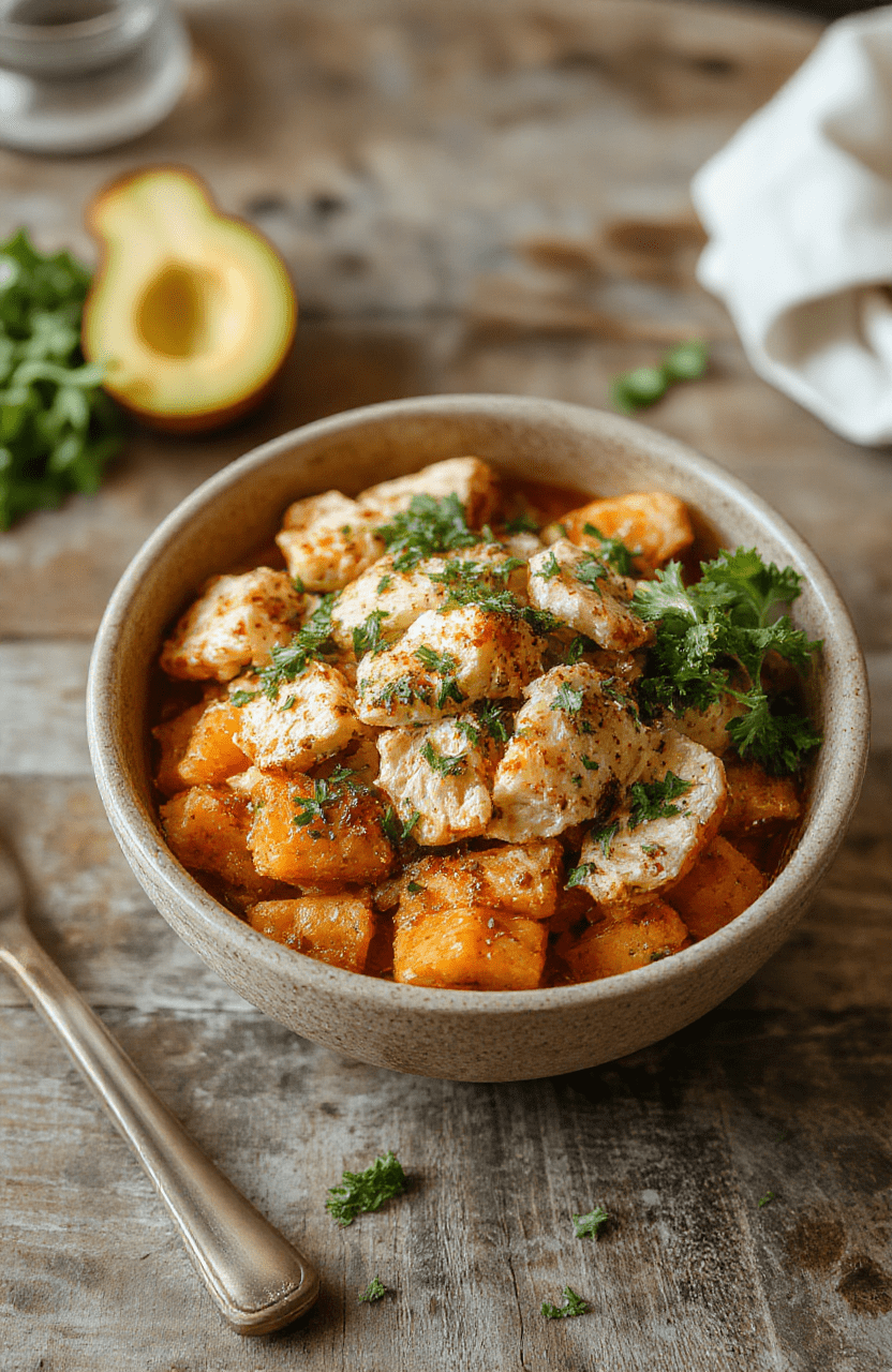 A colorful chicken sweet potato bowl on a rustic wooden table, featuring roasted sweet potato cubes, sliced grilled chicken, vibrant greens, and a drizzle of sauce, styled with fresh herbs and sesame seeds for an inviting, wholesome look.