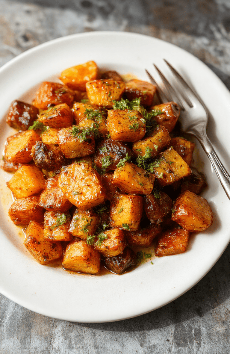 Colorful roasted sweet potatoes and carrots arranged on a rustic white plate, garnished with fresh herbs. The vegetables have a glossy, caramelized exterior with a tender interior, showcasing vibrant orange and deep brown hues. Around the plate, scattered herbs and a hint of olive oil highlight the healthy and appetizing presentation.