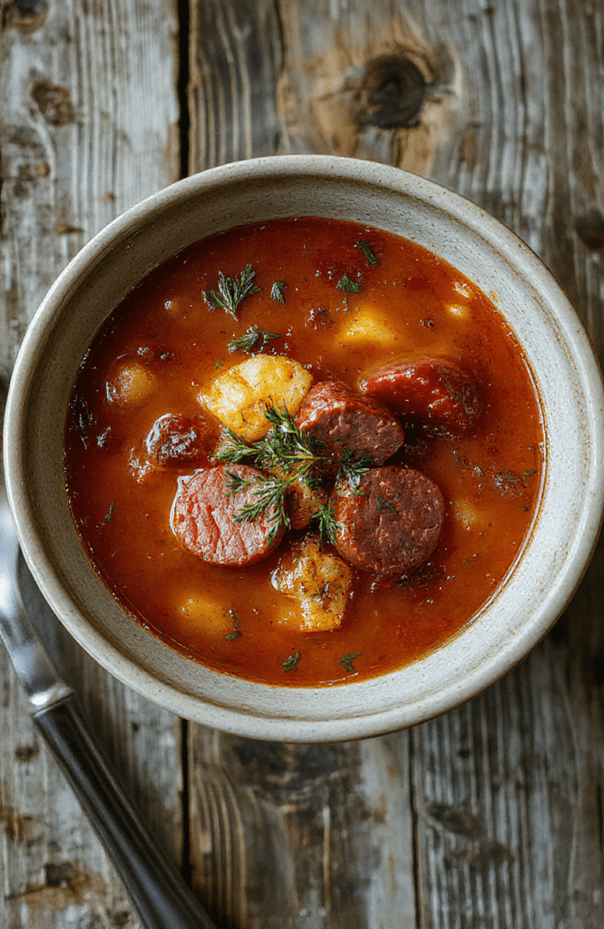 A vibrant bowl of hearty kielbasa soup featuring sliced kielbasa sausages, colorful vegetables like carrots and potatoes, garnished with fresh herbs, served in a rustic white bowl on a wooden table with a warm ambiance.