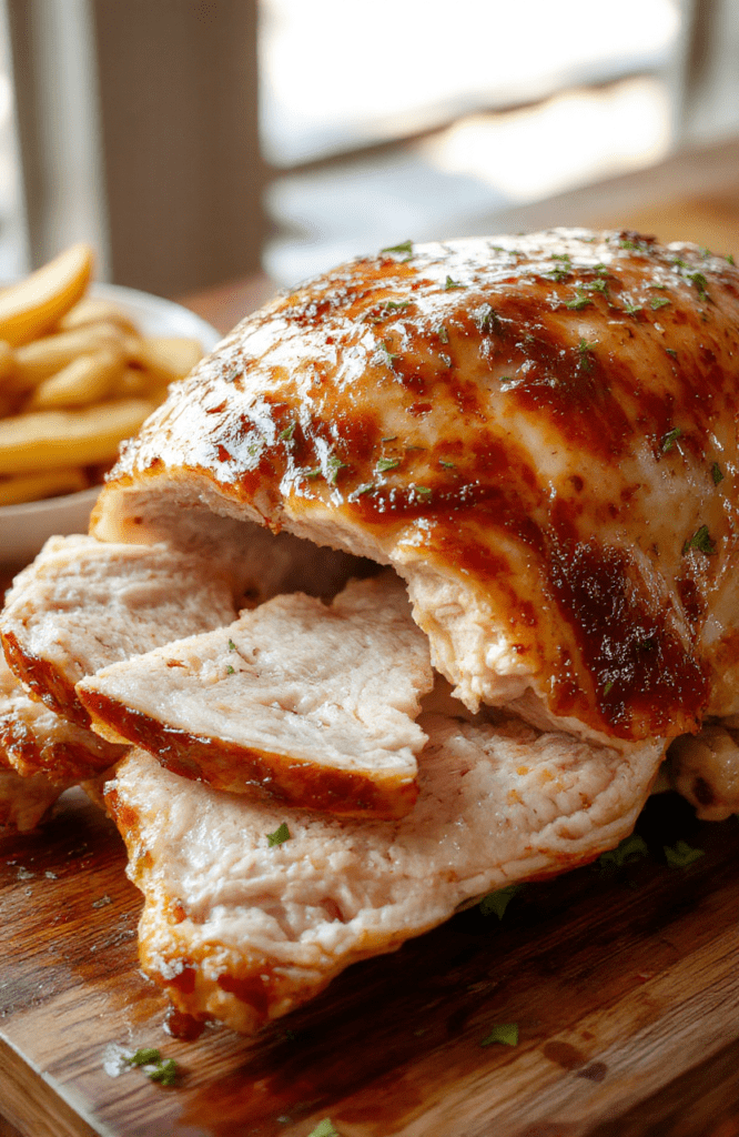 A beautifully roasted golden-brown turkey resting on a white platter, garnished with fresh herbs and lemon slices, surrounded by colorful roasted vegetables on a rustic wooden table, with a warm, inviting atmosphere and natural daylight highlighting the crispy skin and moist interior.