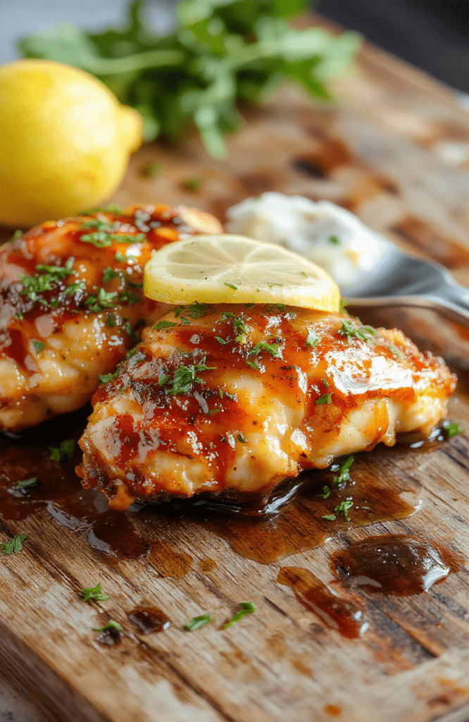 A vibrant plate of lemon honey glazed chicken garnished with fresh lemon slices and herbs, served on a rustic wooden table with a glossy sauce coating the tender chicken pieces, surrounded by colorful vegetables and a sprig of rosemary. The dish looks juicy, flavorful, and perfectly plated with a golden caramelized glaze.