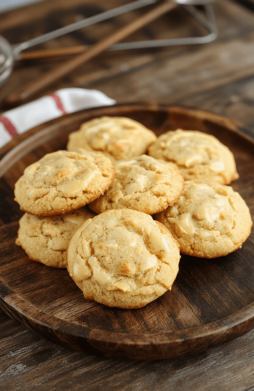 Colorful buttery cookies decorated with swirls of caramel and cream, resting on a rustic wooden plate. The cookies have a soft, chewy texture with a glossy caramel topping, with hints of whipped cream and tiny edible gold flakes adding a magical touch. Vibrant autumnal colors create a cozy, inviting scene.