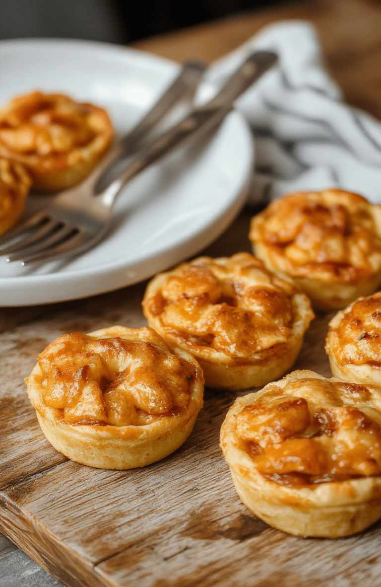 Colorful mini apple pies arranged on a rustic wooden platter, golden flaky crusts filled with spiced apple filling, garnished with cinnamon sugar and fresh apple slices, styled simply with a sprinkle of powdered sugar.