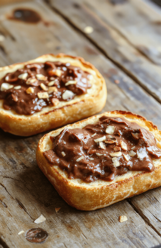 Golden brown Nutella toast pies arranged on a white plate, drizzled with melted Nutella and powdered sugar, with a flaky crust and a glossy, filling oozing out, styled simply on a rustic wooden surface.