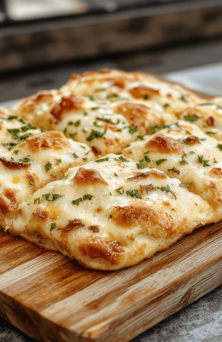A golden-brown, freshly baked garlic focaccia placed on a rustic wooden board. The bread has a soft, fluffy interior with a slightly crispy crust, topped with vibrant green herbs and visible garlic slices. The surface is beautifully dimpled, with a drizzle of shiny olive oil glistening under natural light. The background shows a casual kitchen setting, emphasizing its homemade appeal.