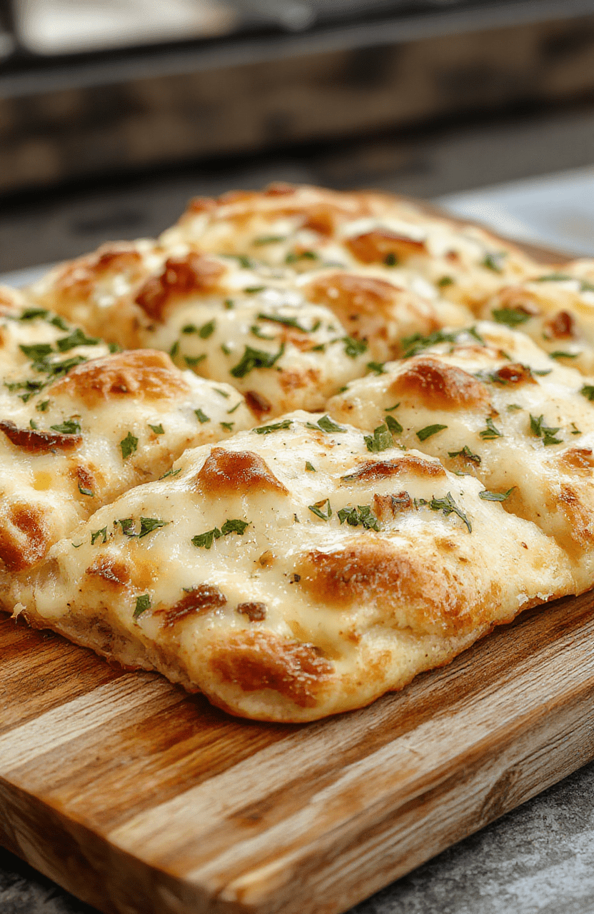 A golden-brown, freshly baked garlic focaccia placed on a rustic wooden board. The bread has a soft, fluffy interior with a slightly crispy crust, topped with vibrant green herbs and visible garlic slices. The surface is beautifully dimpled, with a drizzle of shiny olive oil glistening under natural light. The background shows a casual kitchen setting, emphasizing its homemade appeal.