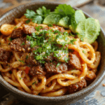 A vibrant plate of Mongolian ground beef noodles featuring tender ground beef cooked with soy sauce and green onions, served over perfectly cooked noodles, garnished with sesame seeds and fresh herbs. The dish is colorful with a glossy sauce, placed on a rustic wooden table with a sprinkle of chopped scallions, styled simply yet appetizingly.