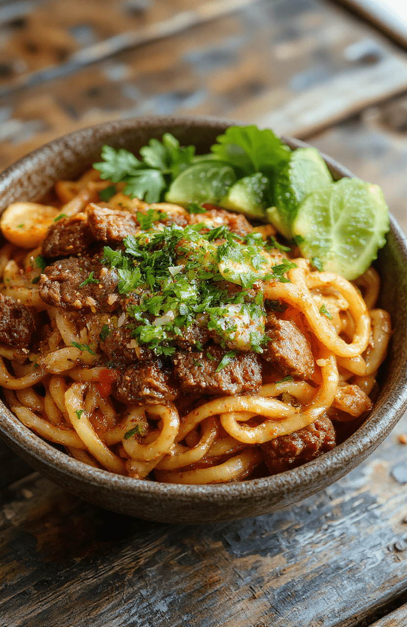 A vibrant plate of Mongolian ground beef noodles featuring tender ground beef cooked with soy sauce and green onions, served over perfectly cooked noodles, garnished with sesame seeds and fresh herbs. The dish is colorful with a glossy sauce, placed on a rustic wooden table with a sprinkle of chopped scallions, styled simply yet appetizingly.