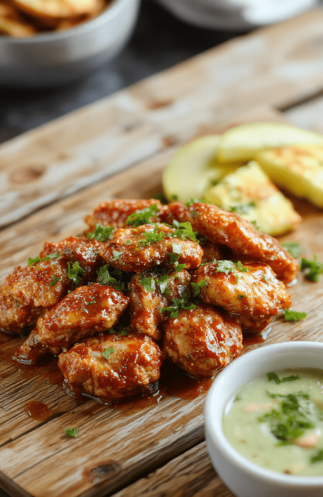 A vibrant plate of sweet chili chicken showcasing glossy, caramelized chicken pieces topped with fresh cilantro and sliced red chili peppers, served with a side of fluffy white rice. The dish is plated on a rustic wooden surface, with a drizzle of extra sauce and colorful garnishes, highlighting the crispy textures and bright flavors.