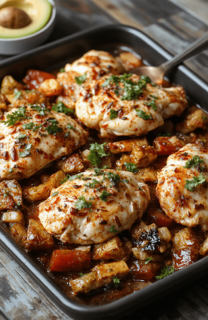 Colorful sheet pan chicken fajitas plated with vibrant red and green bell peppers, tender golden chicken strips, and melted cheese, garnished with fresh cilantro, all arranged on a rustic wooden surface with a drizzle of lime, textured and inviting