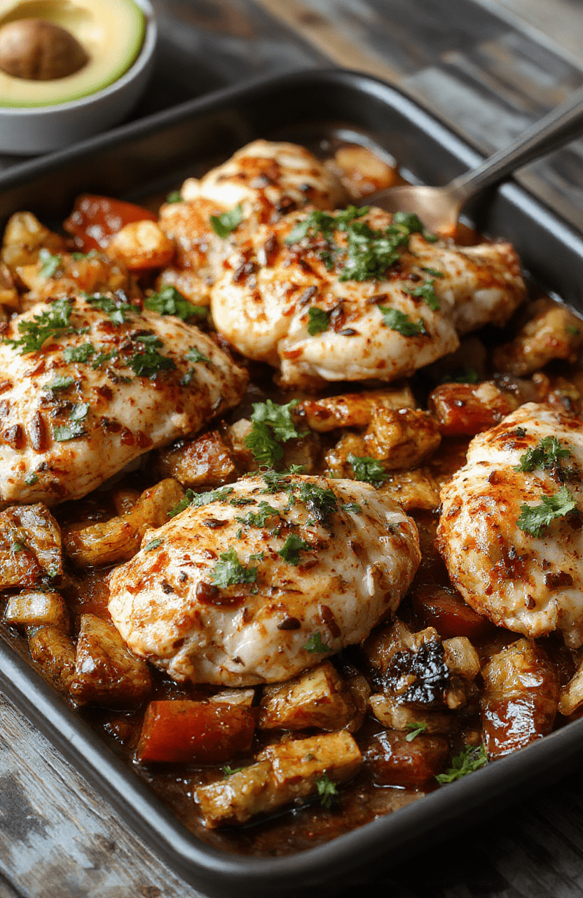Colorful sheet pan chicken fajitas plated with vibrant red and green bell peppers, tender golden chicken strips, and melted cheese, garnished with fresh cilantro, all arranged on a rustic wooden surface with a drizzle of lime, textured and inviting