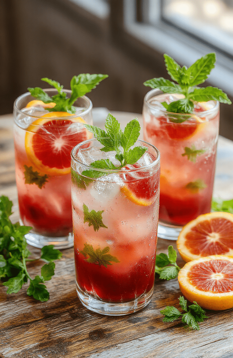 A tall glass filled with vibrant red-orange blood orange mojito garnished with fresh mint leaves and slices of blood orange on top, served on a rustic wooden table with a background of festive party ambiance, ice cubes visible through the glass with condensation for a chilled look, colorful straws adding a fun touch.