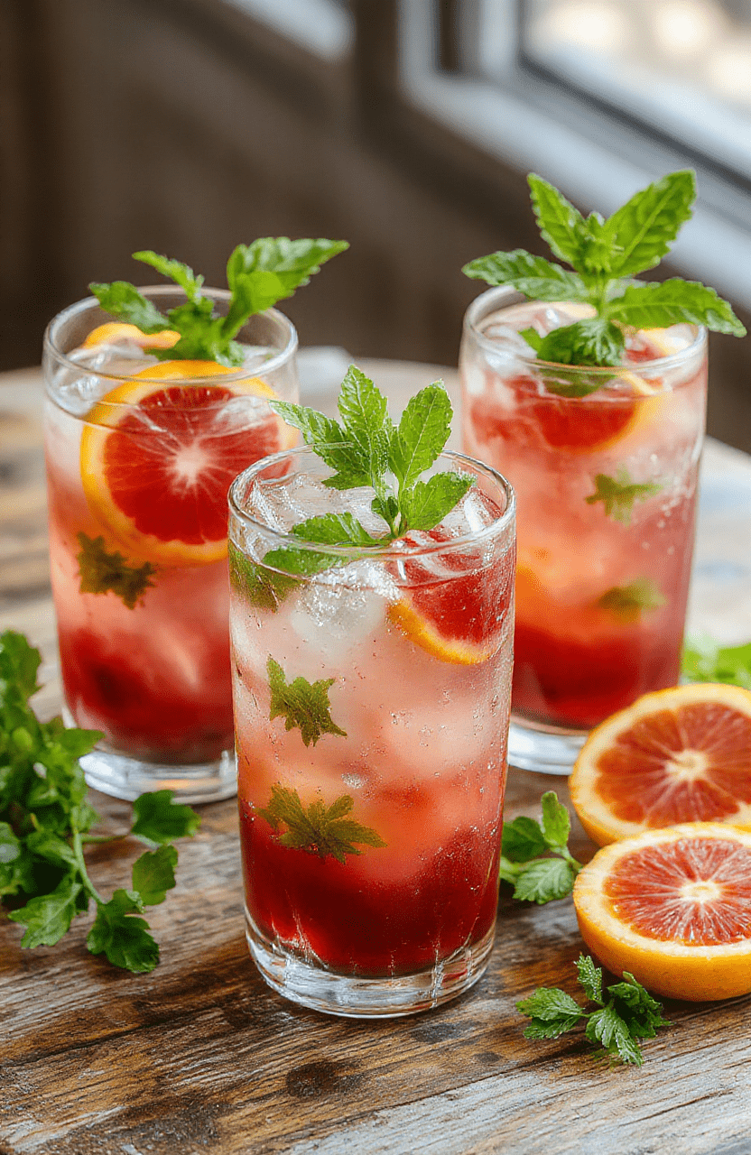 A tall glass filled with vibrant red-orange blood orange mojito garnished with fresh mint leaves and slices of blood orange on top, served on a rustic wooden table with a background of festive party ambiance, ice cubes visible through the glass with condensation for a chilled look, colorful straws adding a fun touch.
