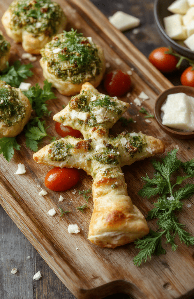 A beautifully arranged puff pastry tree topped with vibrant green basil pesto, garnished with cherry tomatoes and grated cheese. The flaky pastry has golden-brown edges, arranged in a festive tree shape on a rustic wooden platter. The scene includes scattered pesto dollops and fresh herbs, styled simply to emphasize the crispy texture and colorful toppings, perfect for a holiday gathering.