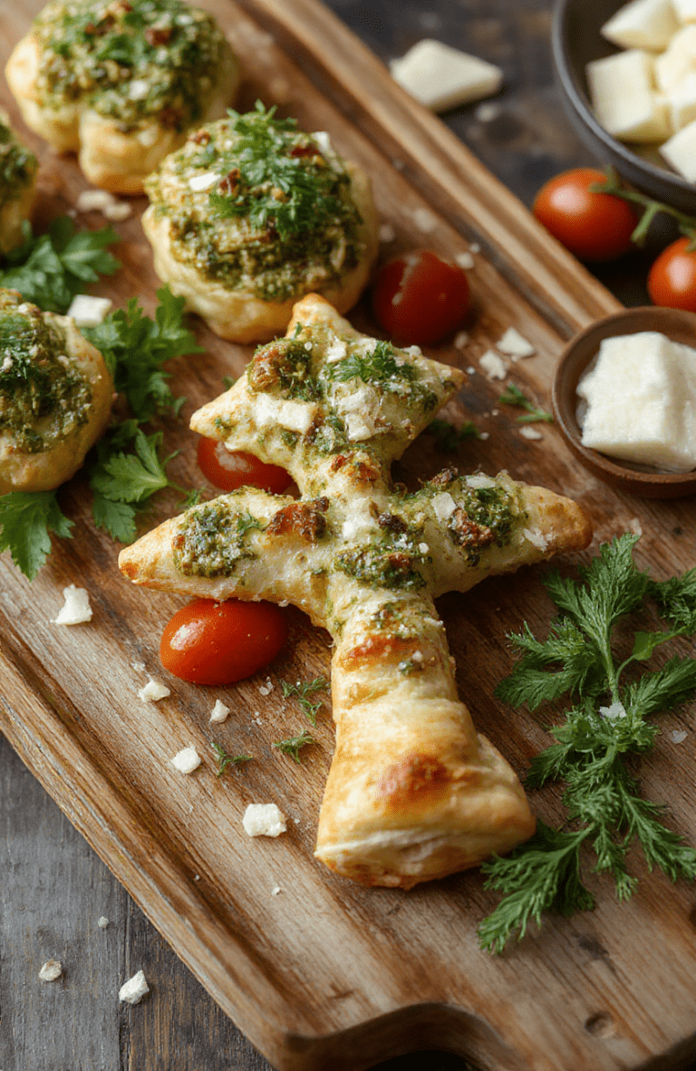 A beautifully arranged puff pastry tree topped with vibrant green basil pesto, garnished with cherry tomatoes and grated cheese. The flaky pastry has golden-brown edges, arranged in a festive tree shape on a rustic wooden platter. The scene includes scattered pesto dollops and fresh herbs, styled simply to emphasize the crispy texture and colorful toppings, perfect for a holiday gathering.