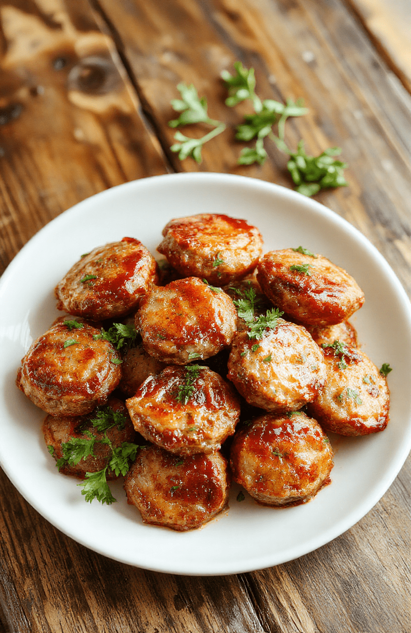 Golden-brown sausage bites arranged neatly on a white plate, garnished with chopped herbs, with a crispy exterior and juicy interior visible, styled on a rustic wooden table with a soft focus background.