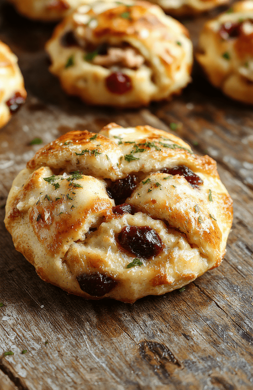 A beautifully arranged savory turkey cranberry crescent ring on a white platter, featuring golden-brown crescent dough filled with turkey, vibrant red cranberries, and garnished with fresh herbs. The dish is styled simply with a rustic background, highlighting the flaky texture of the crescent and the colorful interior ingredients, perfect for a festive holiday setting.